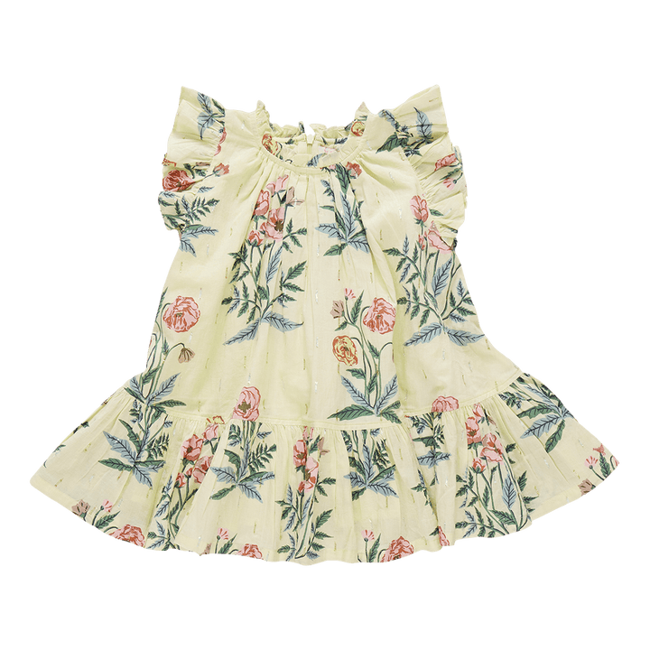pale yellow ground with a soft pastel floral print. the colors are sage green, pale yellow and pink roses. the neck is high with ruffles at the sleeve and at the bottom of the dress. 