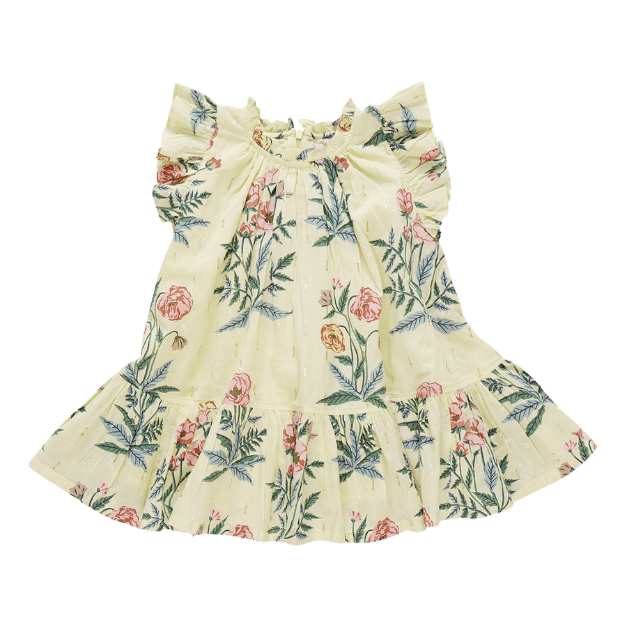 pale yellow ground with a soft pastel floral print. the colors are sage green, pale yellow and pink roses. the neck is high with ruffles at the sleeve and at the bottom of the dress. 