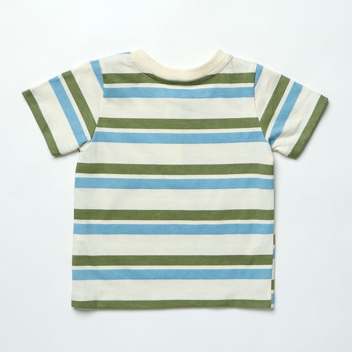 Back of Striped t-shirt with green, blue, and white colors on a light gray background