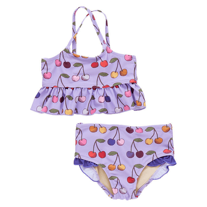 two piece bathing suit with all over cherry design. The cherries are multi colored. the top has a large ruffle at the bottom for added coverage and the bottom is a full cut with tiny purple ruffles at the top of the leg 