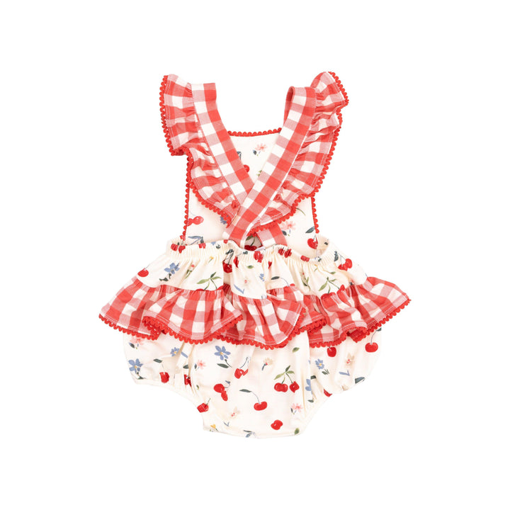 ruffle sunsuit with red gingham trim at the straps and bum. watercolor cherries on the base of the outfit with blue daisies every so often. 
