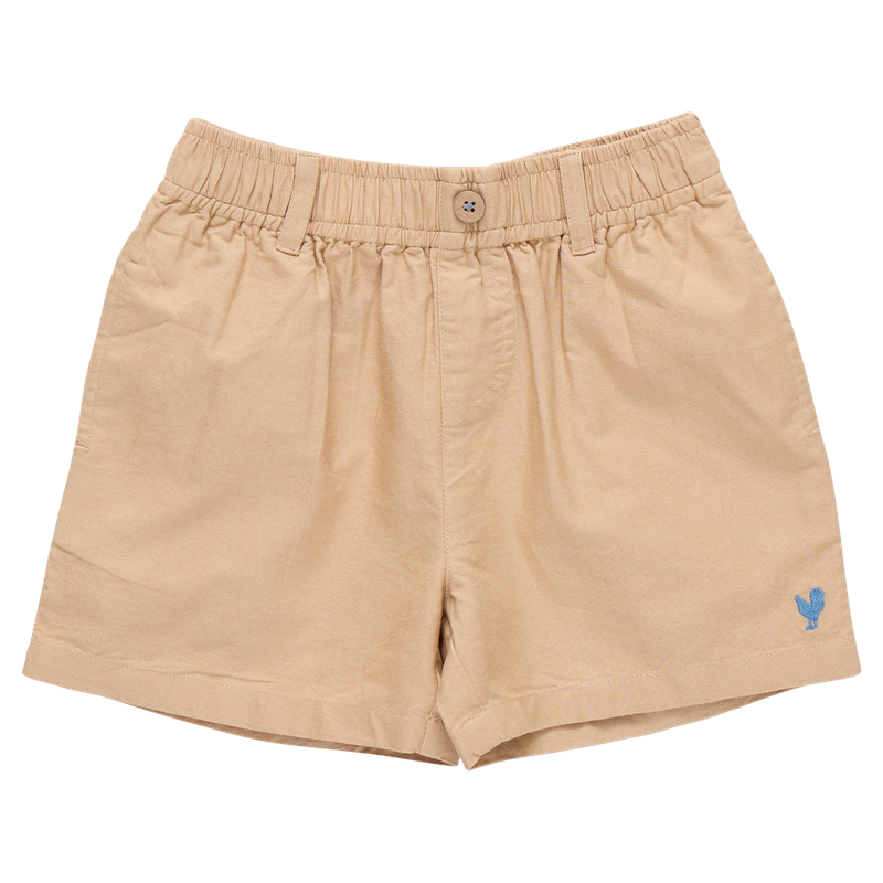 Beige shorts with a small blue logo on a white background