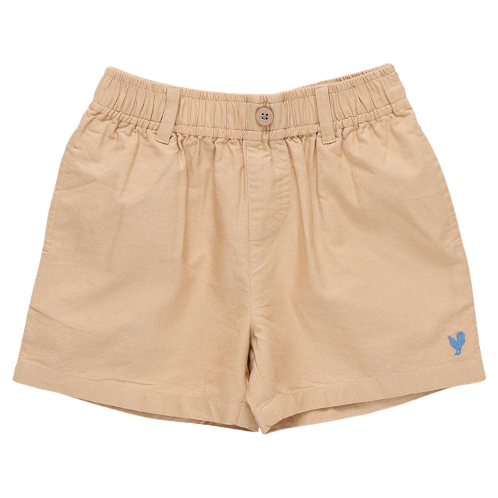Beige shorts with a small blue logo on a white background