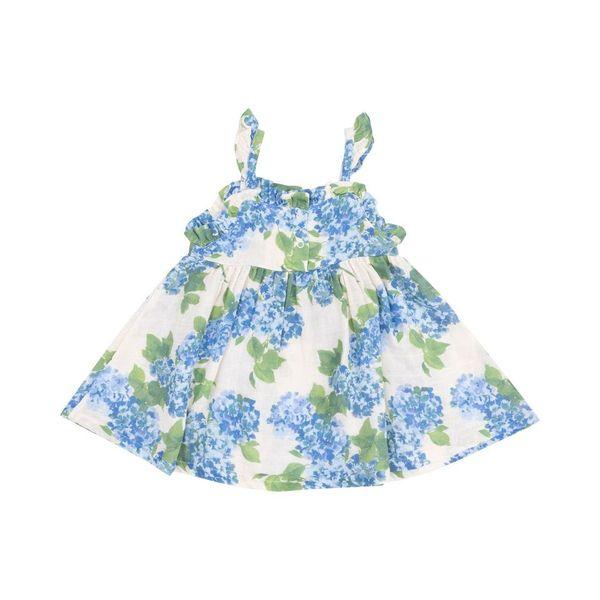 sleeveless muslin dress with 2 snaps off white with blue hydrengea print. with green flowers. 