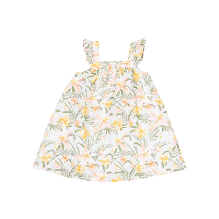 organic cotton a-line girls dress sleeveless with ruffle at the sleeve. tropical pastel floral design with palm whisps. 