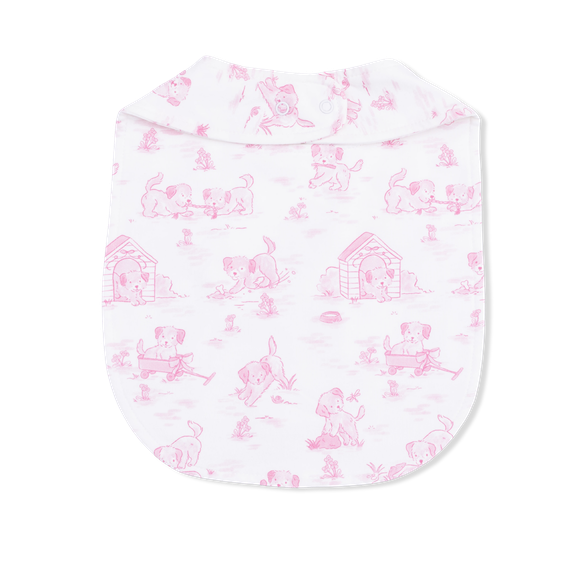 Baby bib with pink puppy pattern on a white background