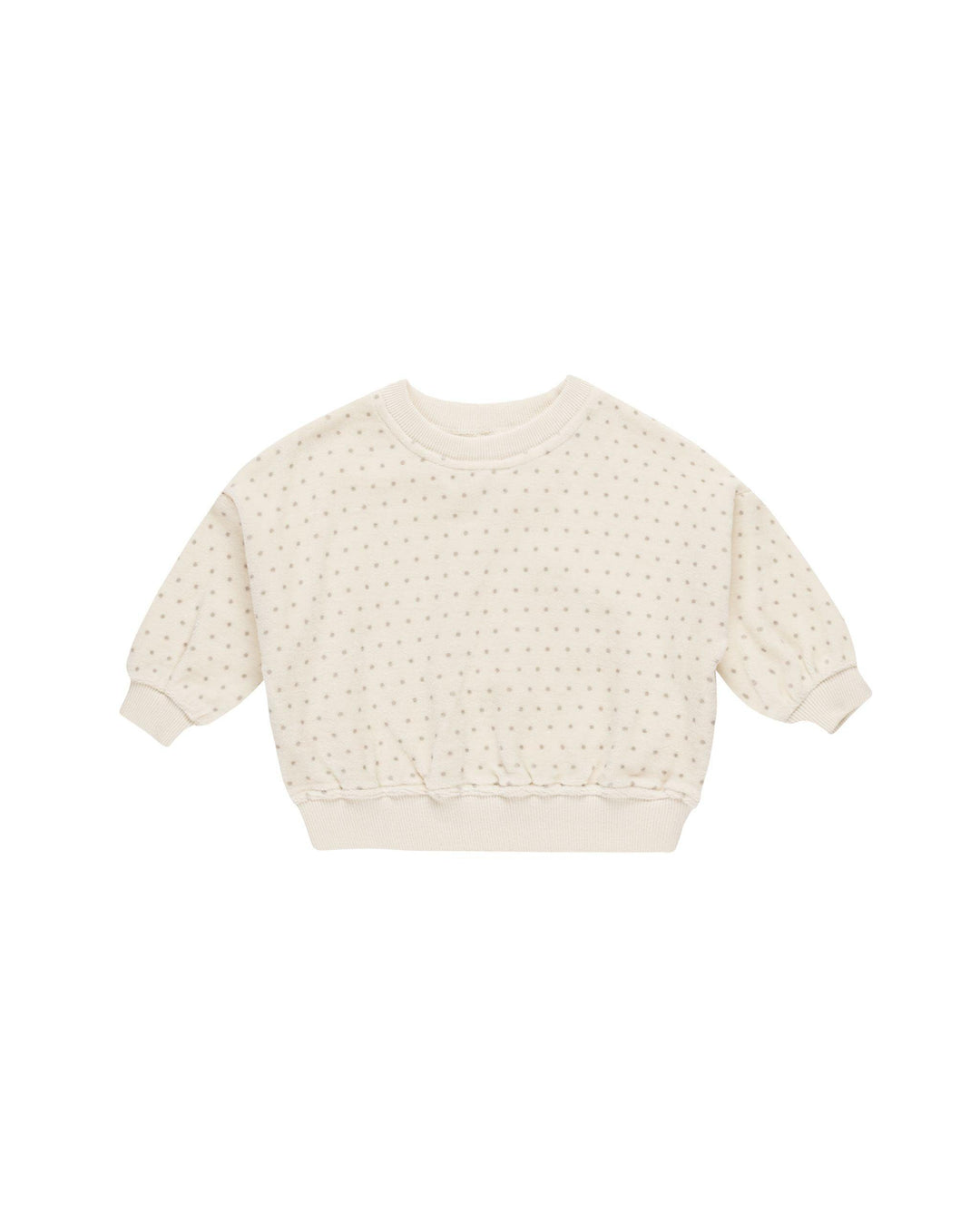 beige velour sweatshirt with gray polka dots on it. 