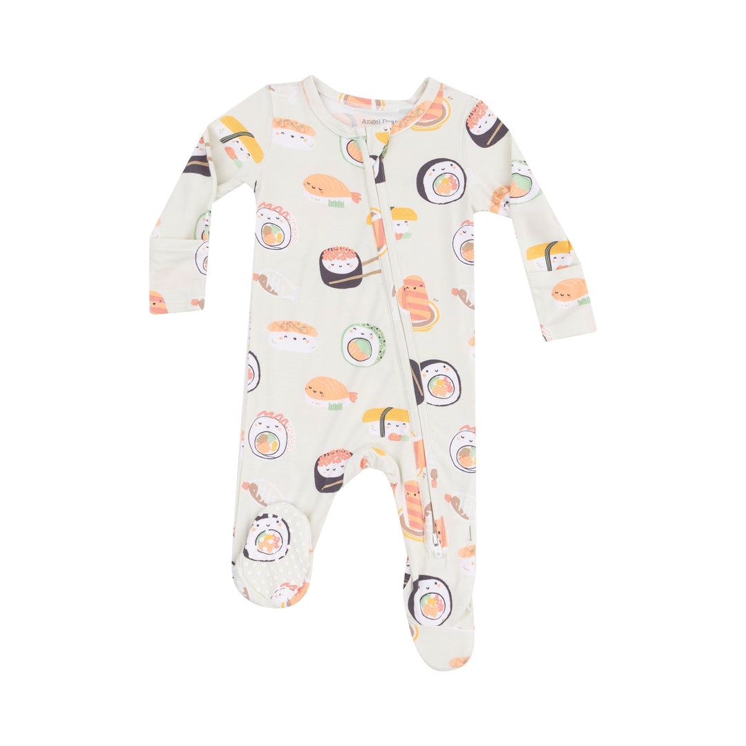 mint green baby footie with sushi rolls all over print on the footie. the sushi rolls have faces on them. 