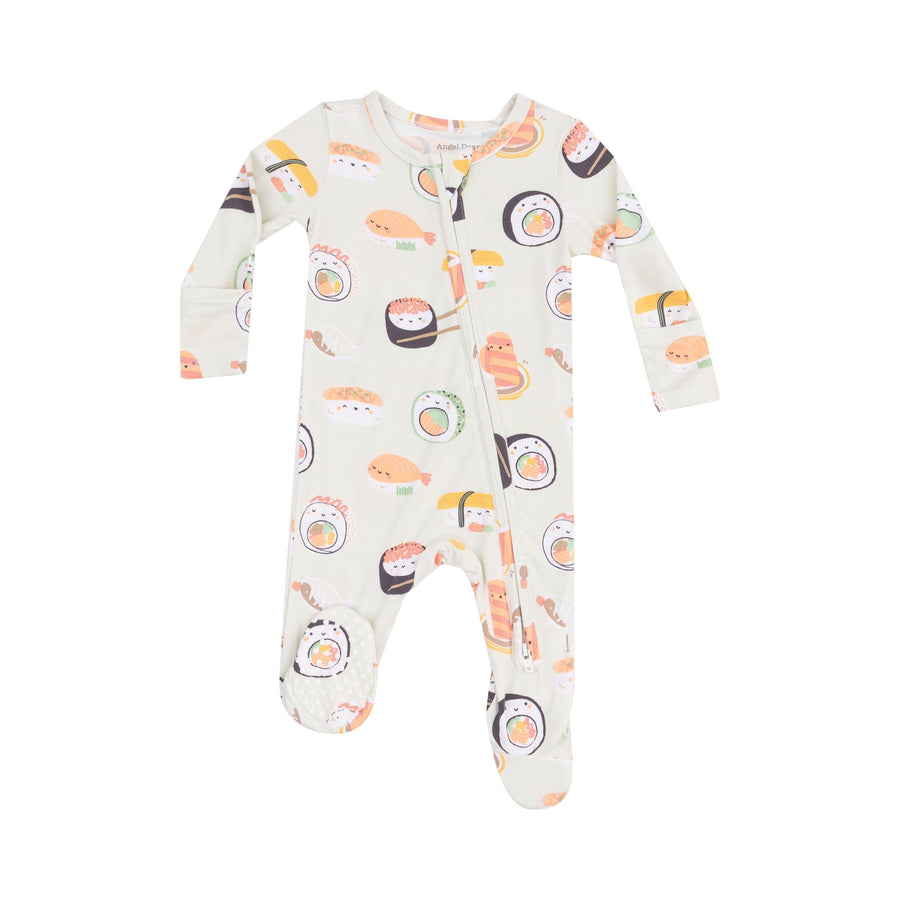 mint green baby footie with sushi rolls all over print on the footie. the sushi rolls have faces on them. 