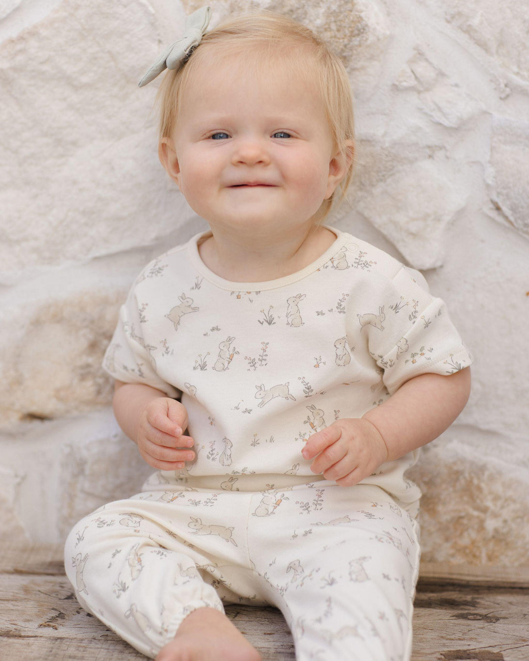 baby wearing the bunnies jersey tee and pants set. nice relaxes fit. 