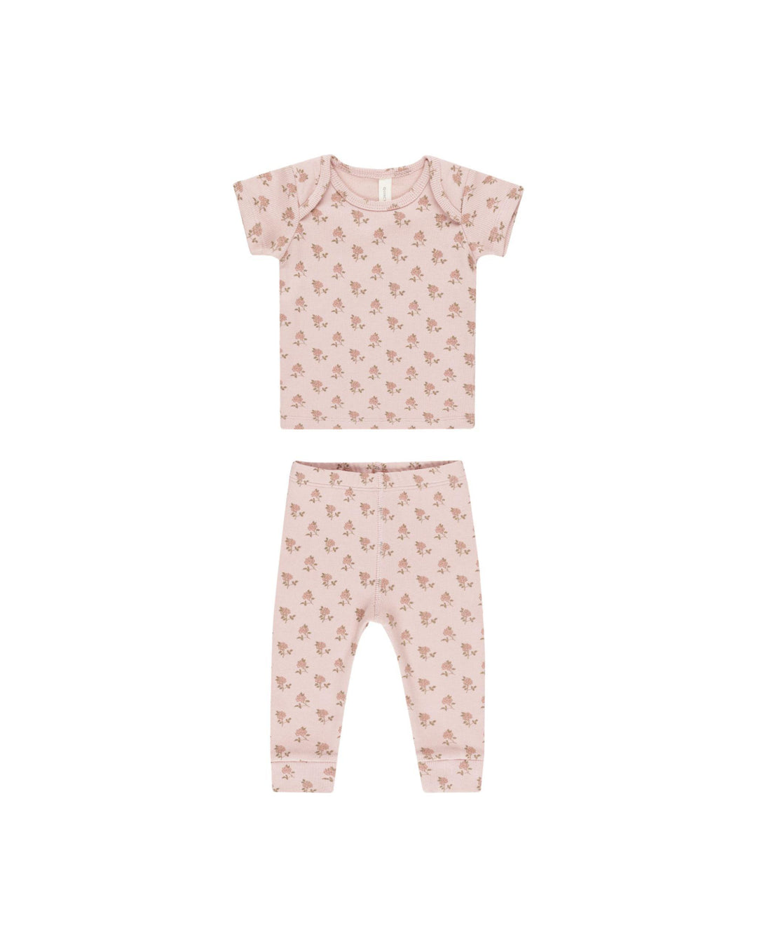 2 piece ribbed set, pink with flowers. short sleeve top and pants 