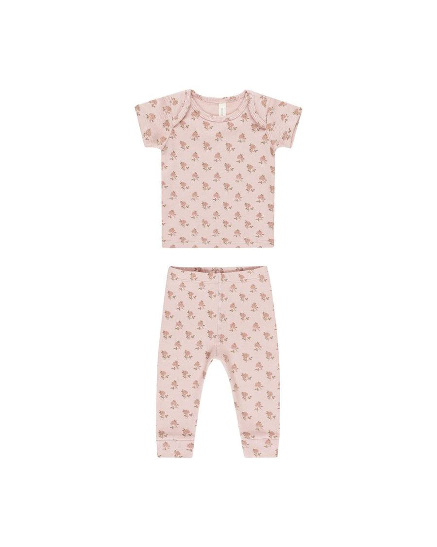 2 piece ribbed set, pink with flowers. short sleeve top and pants 