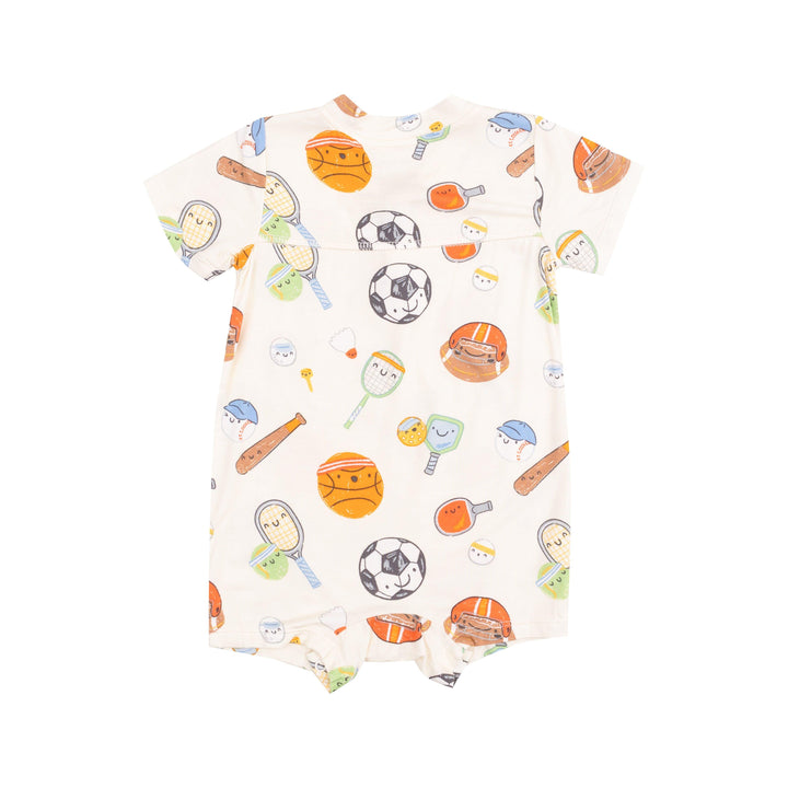 baby romper with sports equiptment and balls with animated faces all over it. this is the back. 