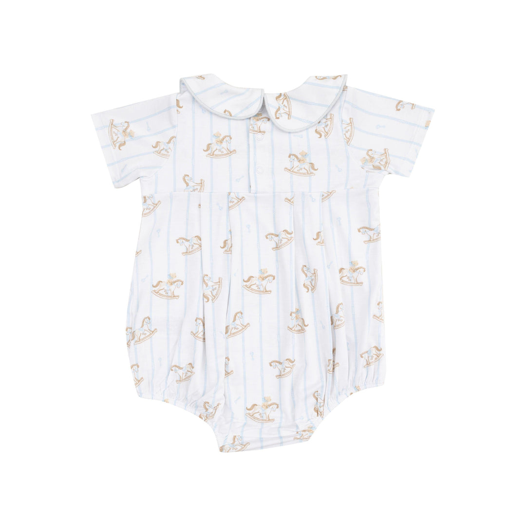 Baby Boy Jumpsuits and Rompers | Classic Box Pleat Bubble- Vintage Rocking Horse- Blue | Angel Dear