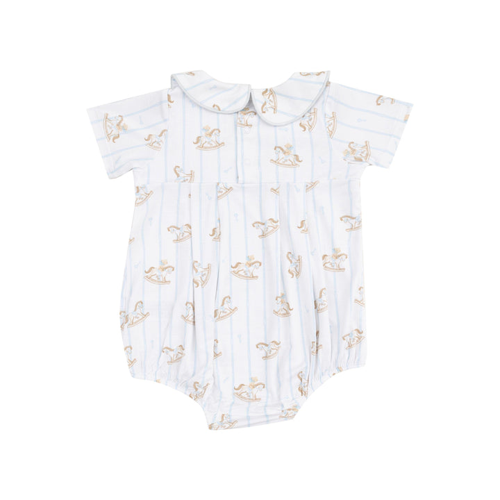 Baby Boy Jumpsuits and Rompers | Classic Box Pleat Bubble- Vintage Rocking Horse- Blue | Angel Dear