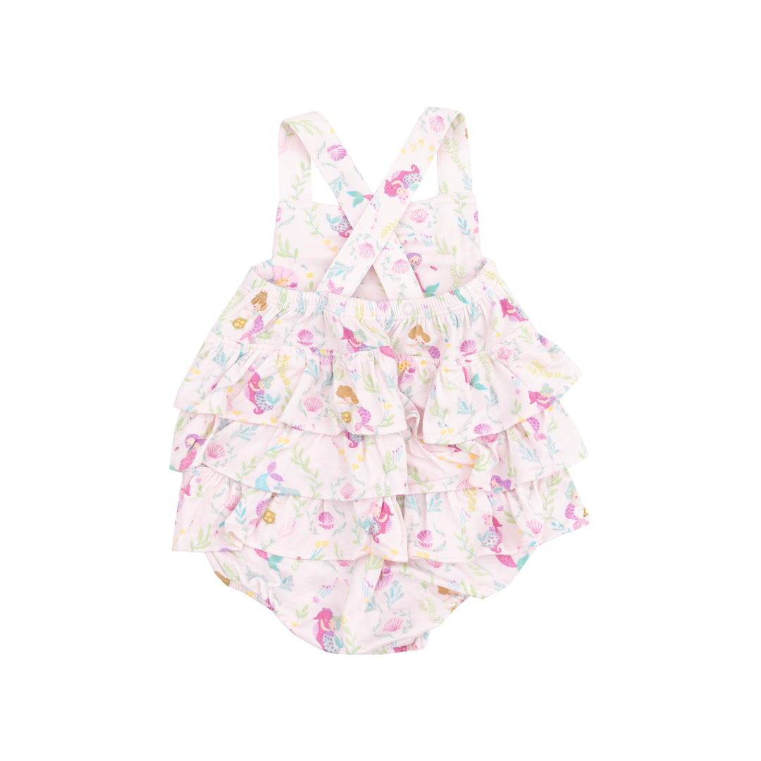 baby girl ruffle sunsuit with criss cross straps and ruffles on the bum. pastel mermaids all over. 