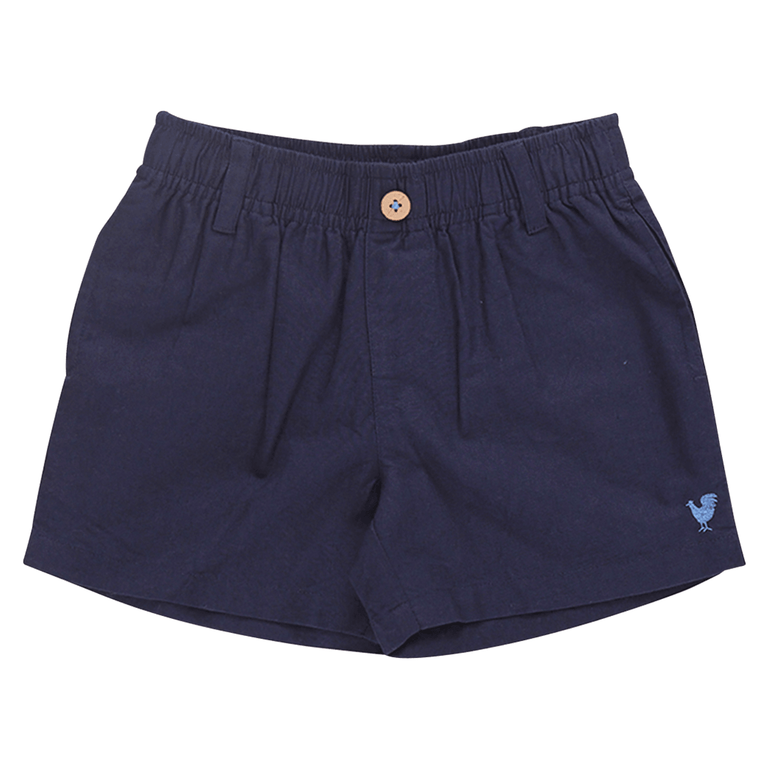 navy chino style shorts for boys with an elastic waist and button on the top that is for 'show purposes only'