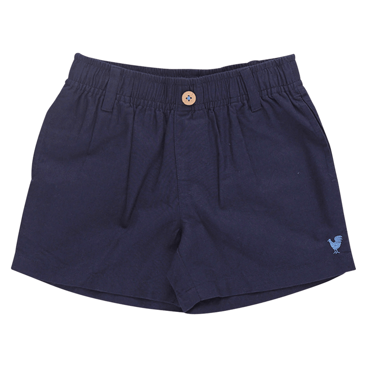 navy chino style shorts for boys with an elastic waist and button on the top that is for 'show purposes only'