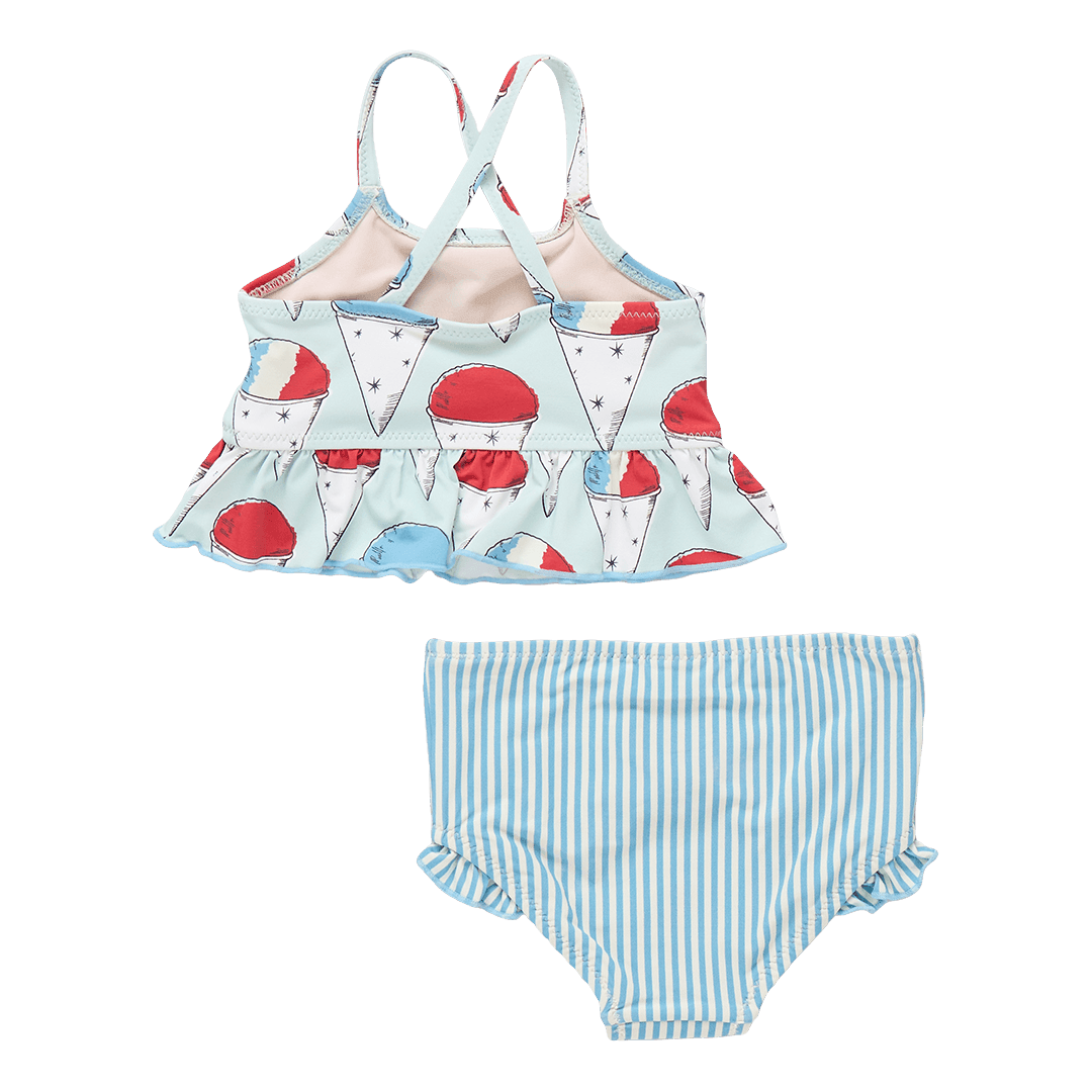 2 piece tankini set. top is a snow cone print with tops that are red, white and blue with criss cross straps. bottoms are blue and white stripes. 