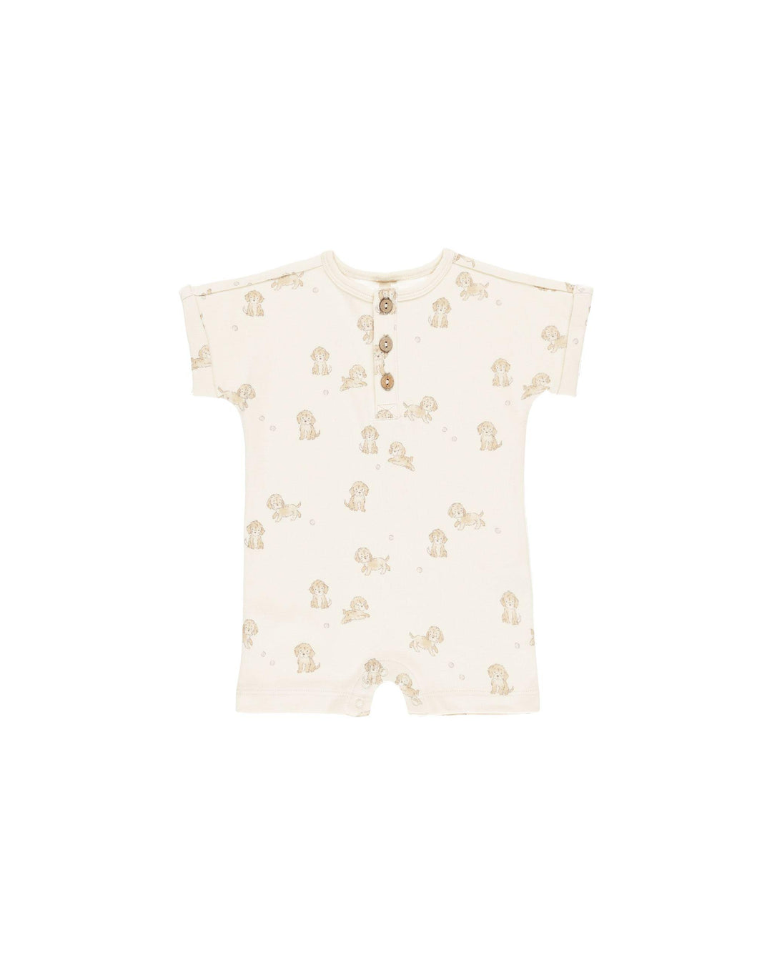 short sleeve puppy print romper with three buttons going down the front of the onesie. 