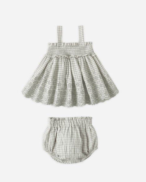 sage gingham baydoll outfit with smocked top and bloomers. 