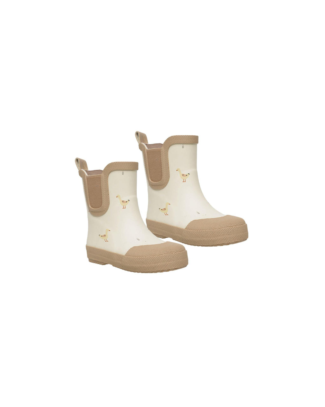 pair of rubber boots, beige in color with olive tips and top of boots. geese on the beige part. 