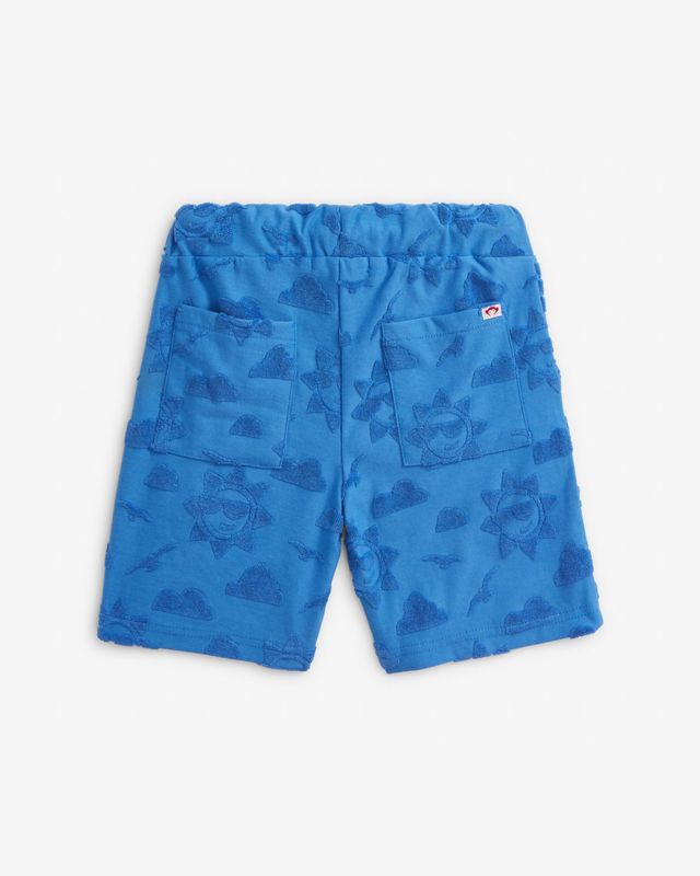 back of Blue shorts with a cloud and sun pattern on a white background