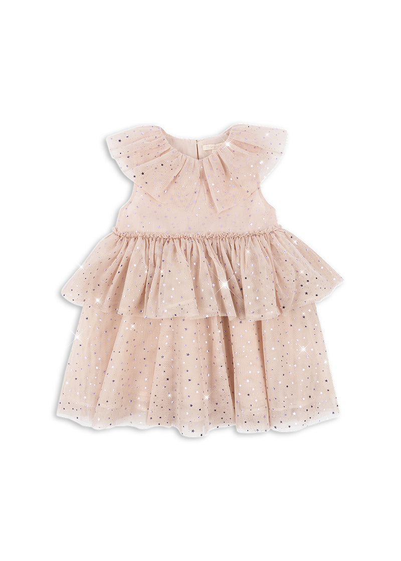 little girls dress champagne tulle with sparkles all over the dress. 