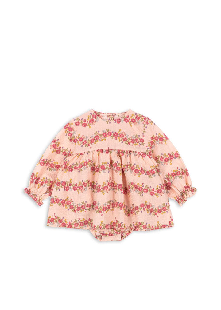 baby girls bodysuit with dress on top, long sleeves. with pink flowers and seersucker soft fabric. 