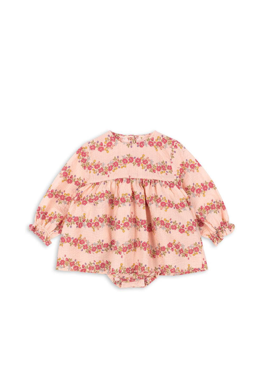 baby girls bodysuit with dress on top, long sleeves. with pink flowers and seersucker soft fabric. 