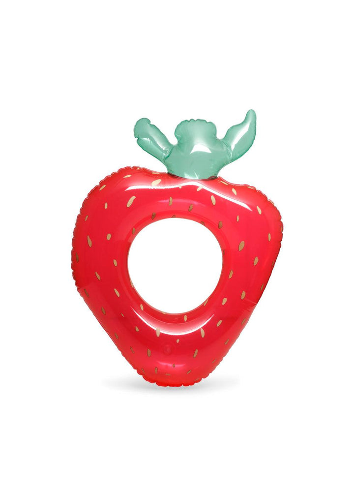 pool float shaped like a strawberry with a hole in the center, like a swim ring. 
