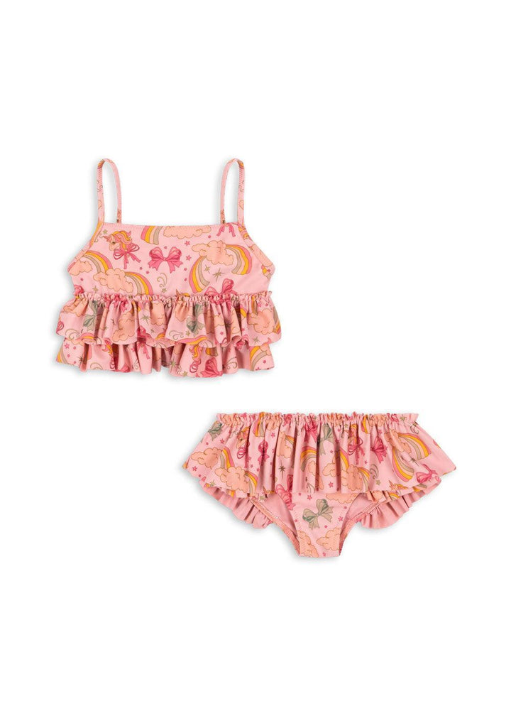 pink two piece bikini with bows, rainbows, clouds, unicorns and ruffles