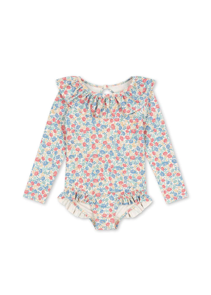 pastel floral rashguard bathing suit with ruffle around the neckline and ruffles at the leg opening. 