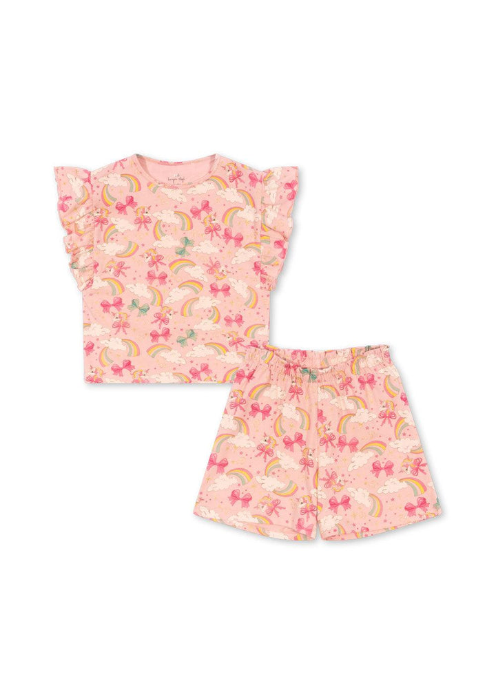 2 piece cotton set with unicorns, rainbows and pink bows. light pink base color on the shirt and shorts set. the shirt has ruffles on the sleeve.