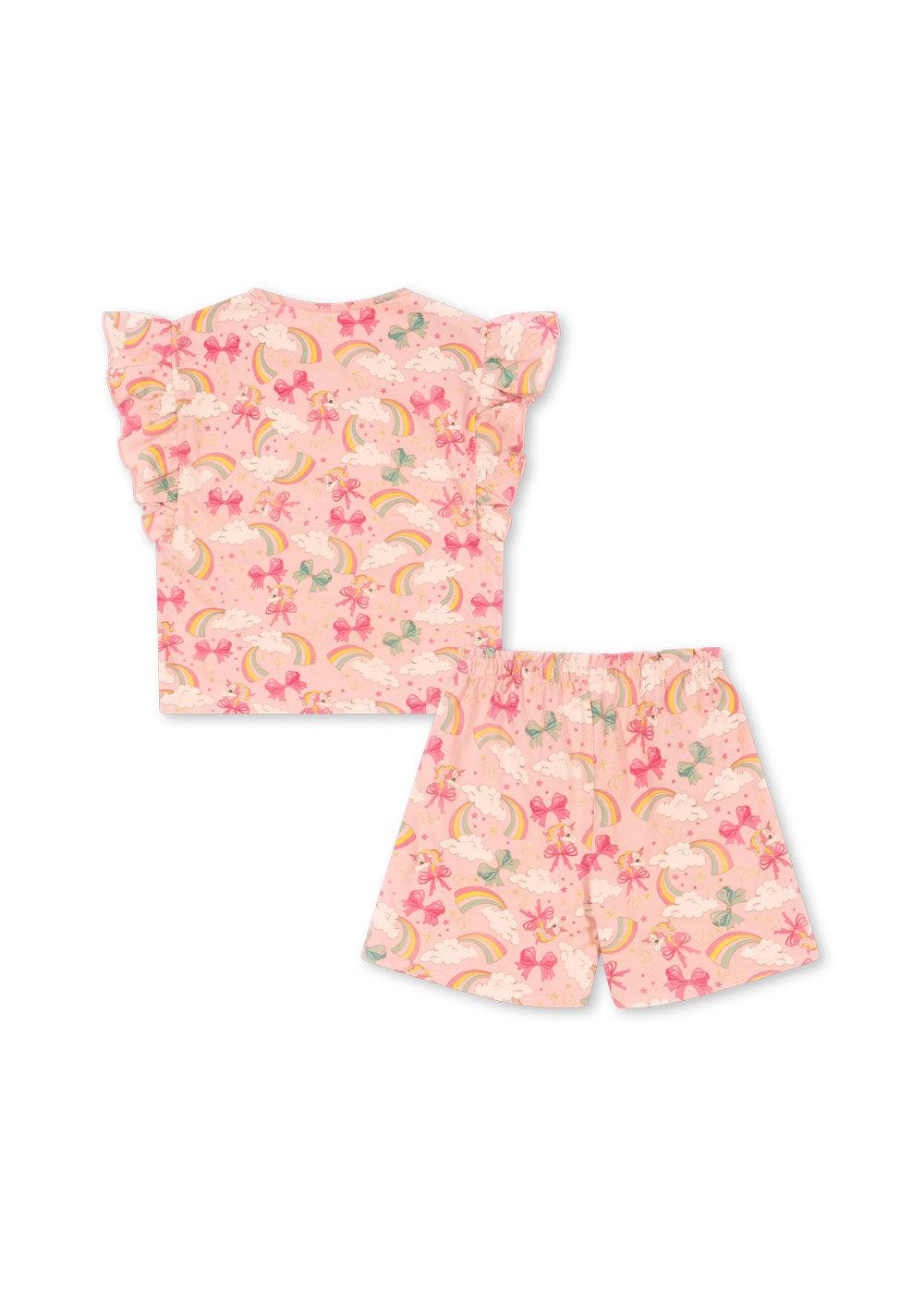 The back of the unicorn and rainbows set. standard high back on the tee shirt and elastic waist shorts. 