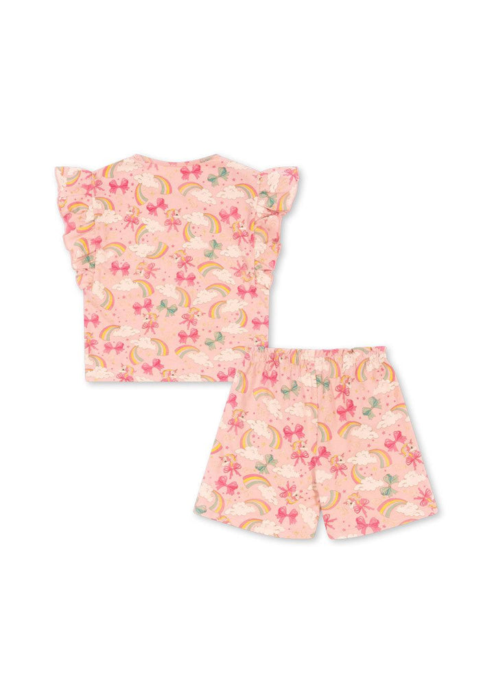 The back of the unicorn and rainbows set. standard high back on the tee shirt and elastic waist shorts. 