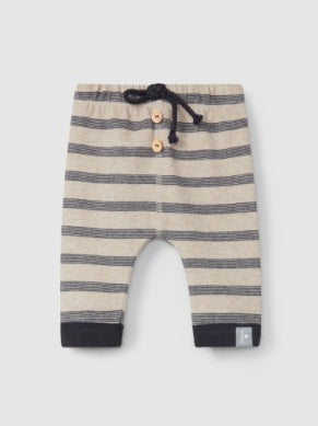 navy and beige stripe bottoms with drawstring and 2 wooden buttons at the top of pants