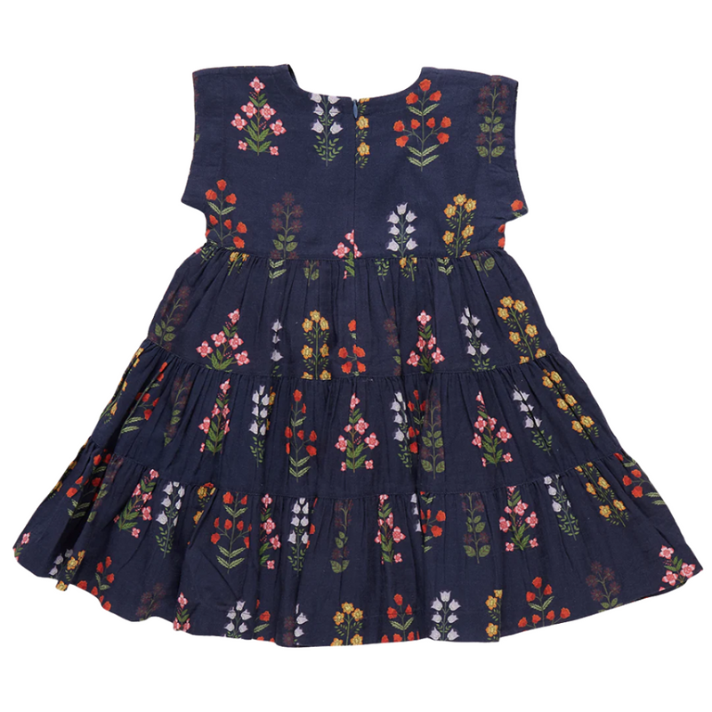 sleevless dress with navy background, smaller boho floral bouquets throughout: yellow, red, pink, light blue