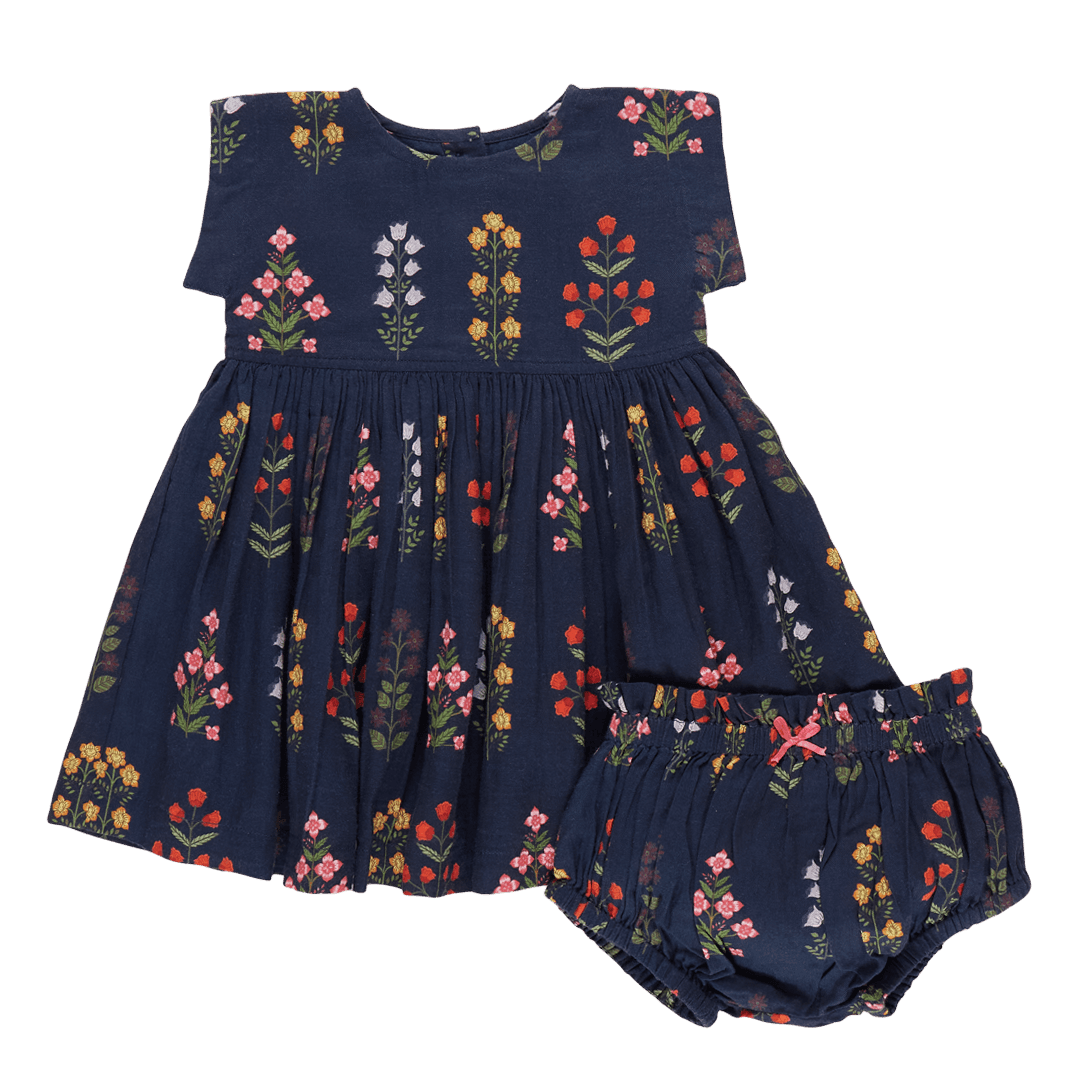 Baby Girls Dresses | Marie Dress Set- Navy Field Florals | Pink Chicken