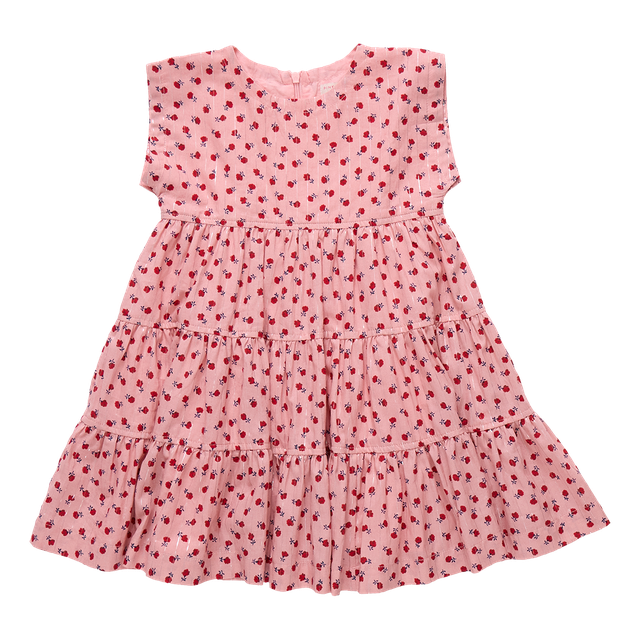 Pink dress with red floral pattern and silver lurex stripes 