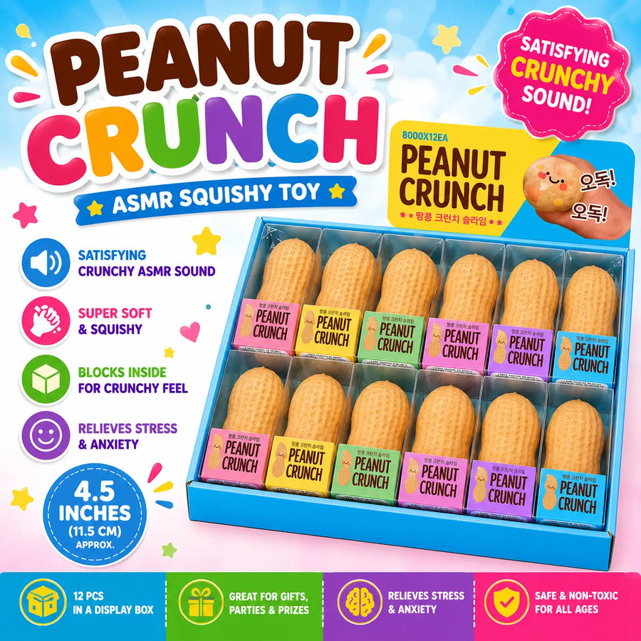 Peanut Crunch ASMR Squishy Toy in a blue display box, featuring textured waffle-patterned peanut-shaped toys with colorful labels. The packaging includes promotional text, icons, and a cartoon peanut illustration on a bright, colorful background.