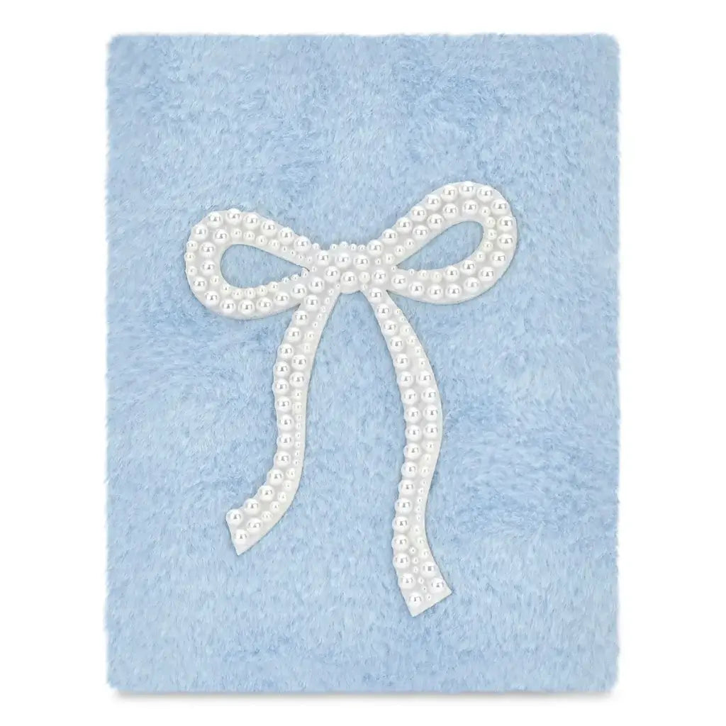 A square light blue fuzzy blanket or throw featuring a white faux-pearl ribbon bow embellished with small white pearls, shown against a plain white background.