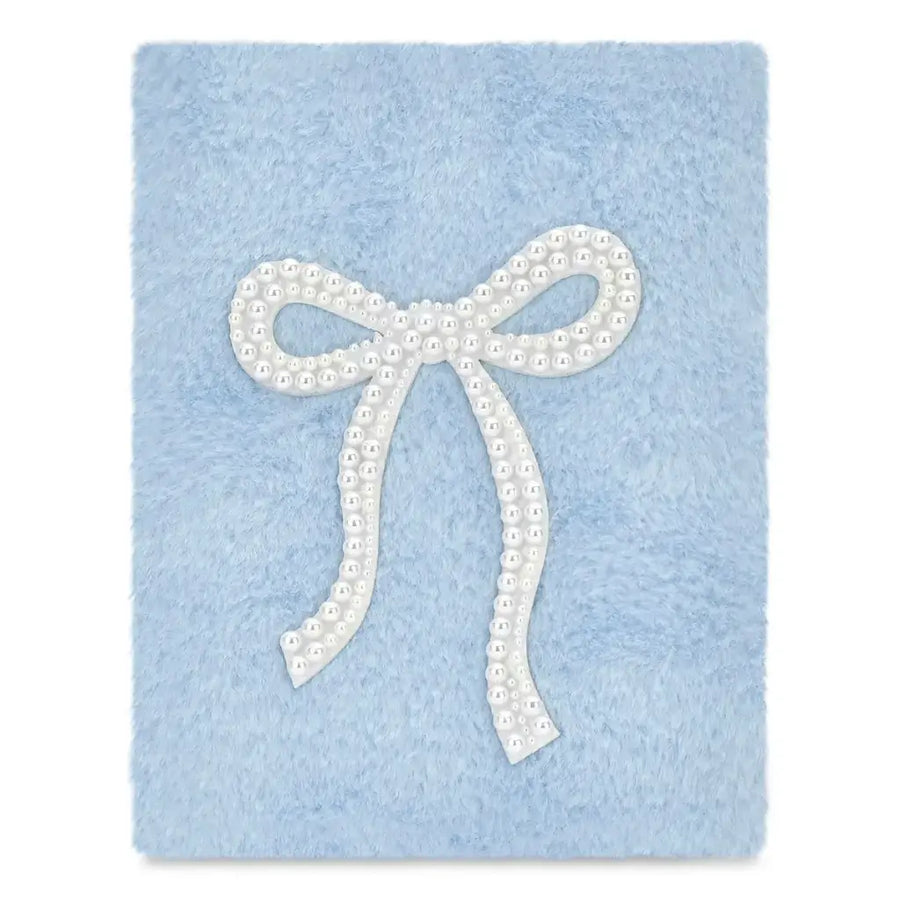 A square light blue fuzzy blanket or throw featuring a white faux-pearl ribbon bow embellished with small white pearls, shown against a plain white background.