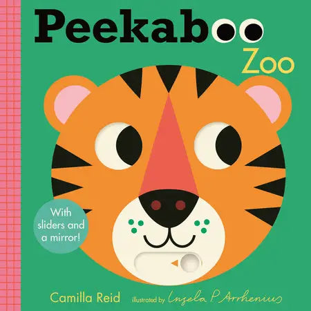 board book titled peek aboo zoo with a tiger on the front. 