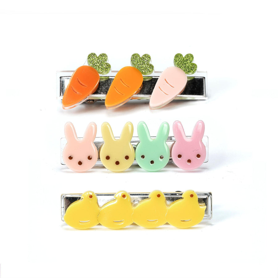 set of 3 hair clips: one small carrots, one small bunny heads and one yellow chicks. 