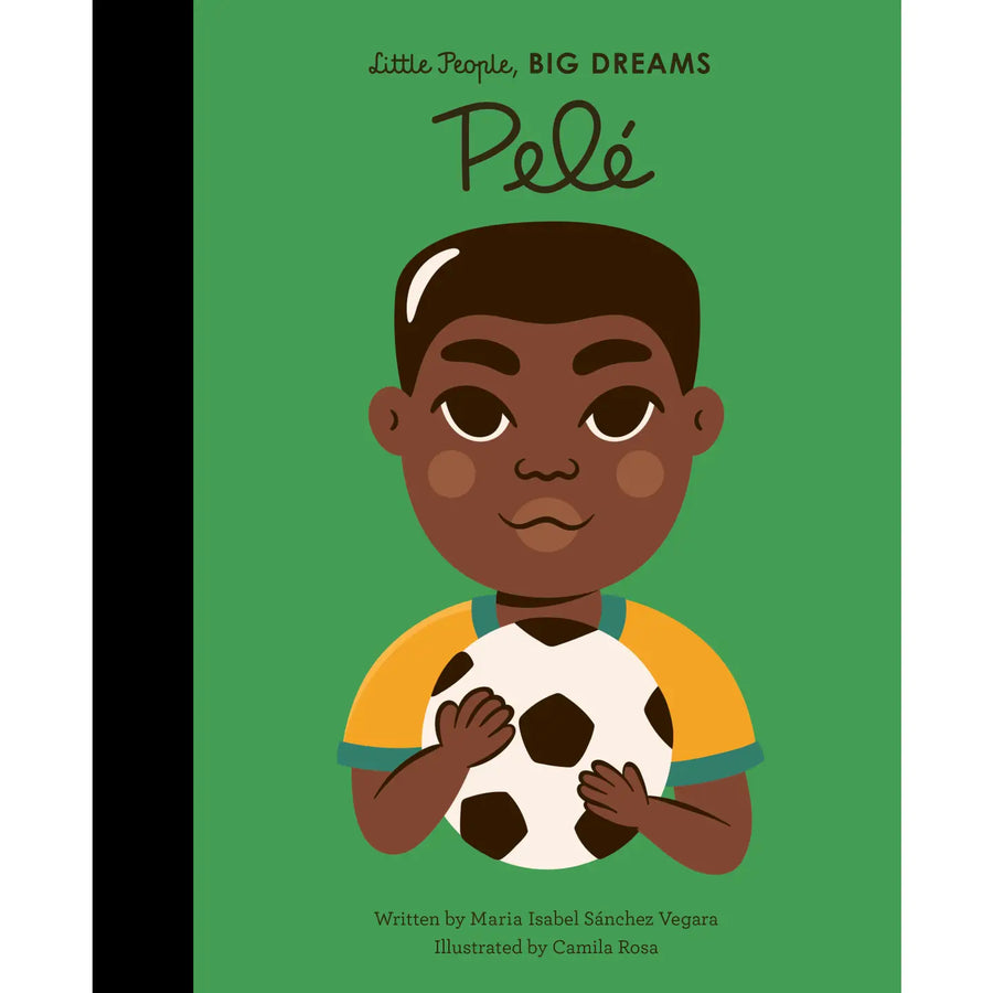 Book cover of 'Little People, BIG DREAMS: Pelé' with a young boy holding a soccer ball on a green background.