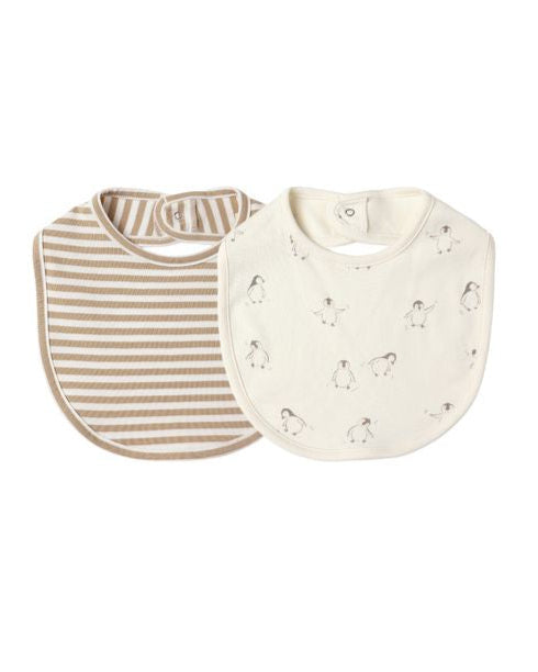 Two baby bibs, one striped and one with penguin pattern, on a white background