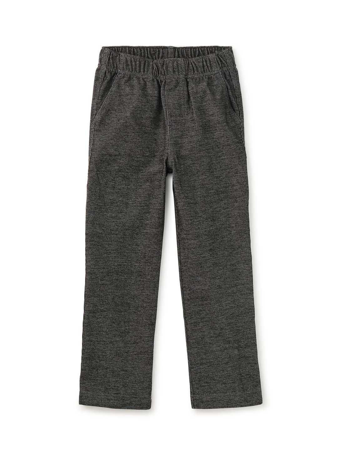 A pair of dark heather gray pull-on pants with an elastic waistband, photographed flat against a white background.