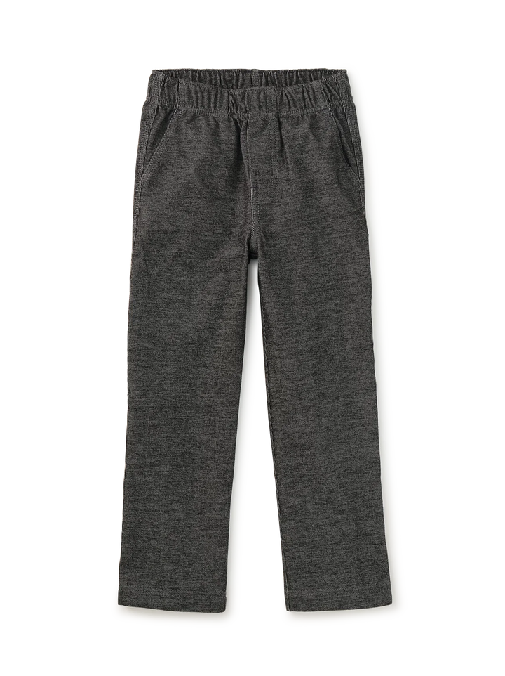 A pair of dark heather gray pull-on pants with an elastic waistband, photographed flat against a white background.