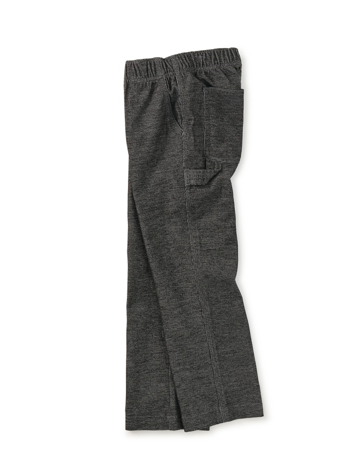 Dark gray heathered lounge pants with an elastic waistband and side cargo pocket, shown flat on a white background.